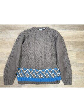 Vtg Cable Knit Pullover Fisherman Sweater Large Gray Wool Ski Geometric Nordic